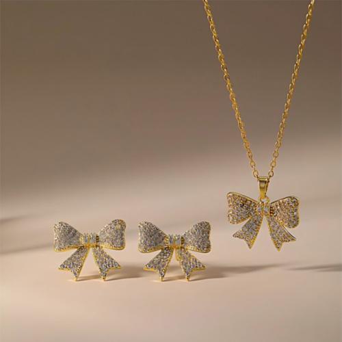 Brass Jewelry Set, Stud Earring & necklace, Bowknot, plated, 2 pieces & micro pave cubic zirconia & for woman, more colors for choice, Sold By Set