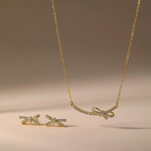 metal Conjunto de joya, Pendiente de stud & collar, Lazo, chapado, 2 piezas & micro arcilla de zirconia cúbica & para mujer, más colores para la opción, Vendido por Set