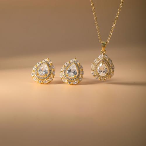 Brass Jewelry Set, Stud Earring & necklace, Teardrop, plated, 2 pieces & micro pave cubic zirconia & for woman, more colors for choice, Sold By Set