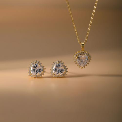 Brass Jewelry Set, Stud Earring & necklace, Heart, plated, 2 pieces & micro pave cubic zirconia & for woman, more colors for choice, Sold By Set