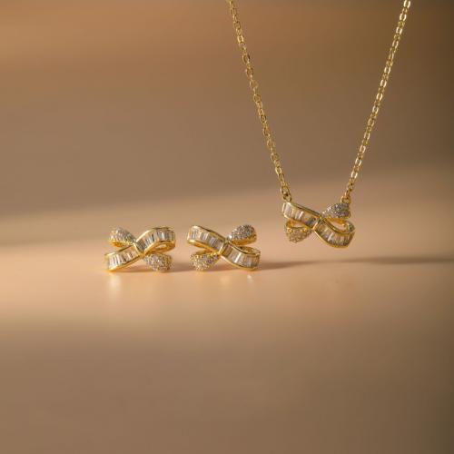 Brass Jewelry Set, Stud Earring & necklace, Bowknot, plated, 2 pieces & micro pave cubic zirconia & for woman, more colors for choice, Sold By Set