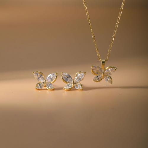 Brass Jewelry Set, Stud Earring & necklace, Butterfly, plated, 2 pieces & micro pave cubic zirconia & for woman, more colors for choice, Sold By Set
