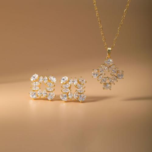 Brass Jewelry Set, Stud Earring & necklace, Geometrical Pattern, gold color plated, 2 pieces & micro pave cubic zirconia & for woman, Sold By Set