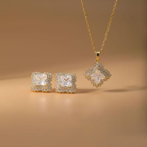 Brass Jewelry Set, Stud Earring & necklace, Square, gold color plated, 2 pieces & micro pave cubic zirconia & for woman, Sold By Set