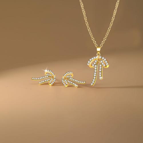 Brass Jewelry Set, Stud Earring & necklace, Bowknot, plated, 2 pieces & for woman & with rhinestone, more colors for choice, Sold By Set
