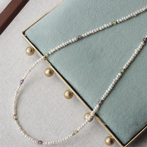 Crystal Freshwater Pearl Necklace, with Crystal & Brass, irregular, plated, fashion jewelry, white, nickel, lead & cadmium free, 2-3mm, Sold Per 45 cm Strand