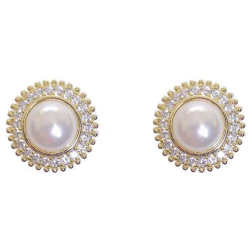 Cubic Zirconia Micro Pave Brass Earring, with Plastic Pearl, Flower, plated, fashion jewelry & micro pave cubic zirconia & for woman, Sold By Pair