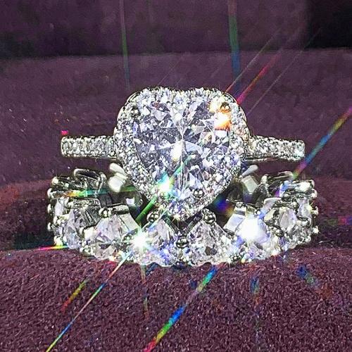 Cubic Zirconia Micro Pave Brass Ring, plated, 2 pieces & different size for choice & micro pave cubic zirconia & for woman, Sold By Set