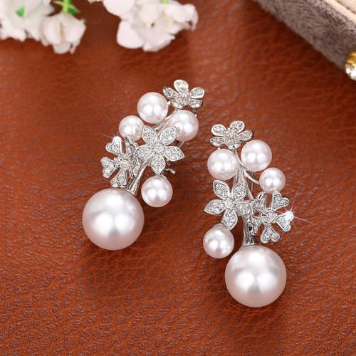 Cubic Zirconia Micro Pave Brass Earring, with Plastic Pearl, plated, micro pave cubic zirconia & for woman & hollow, Sold By Pair