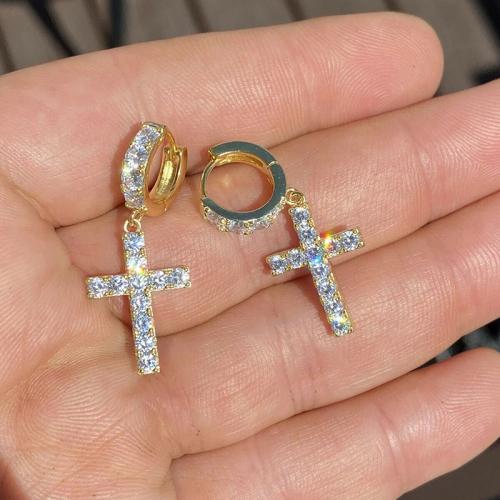 Cubic Zirconia Micro Pave Brass Earring, Cross, plated, fashion jewelry & micro pave cubic zirconia & for woman, Sold By Pair