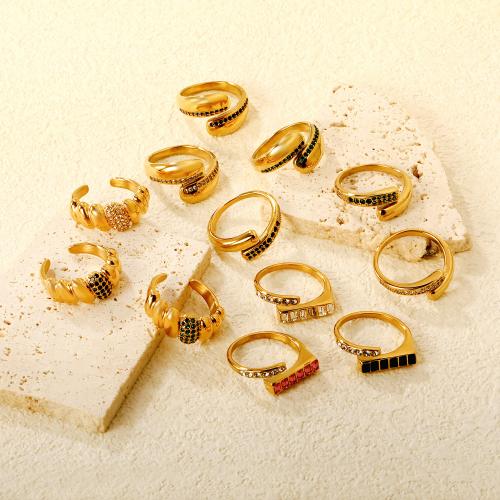 Rhinestone Stainless Steel Finger Ring, 304 Stainless Steel, plated, different styles for choice & for woman & with rhinestone, golden, Sold By PC
