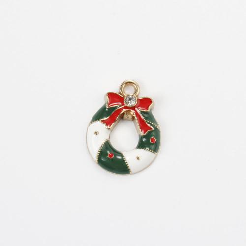 Tibetan Style Christmas Pendants, Christmas Wreath, gold color plated, DIY & enamel & with rhinestone, mixed colors, 18.80x15.40x2.80mm, Sold By PC