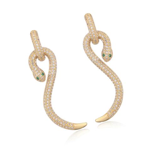 Cubic Zirconia Micro Pave Brass Earring, Snake, plated, fashion jewelry & micro pave cubic zirconia & for woman, golden, Sold By Pair