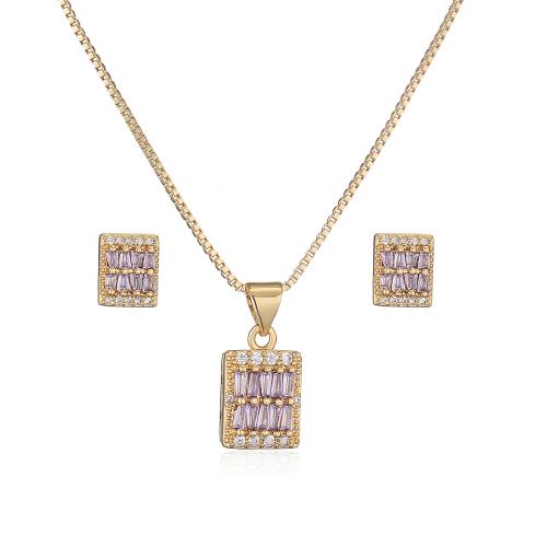 Cubic Zirconia Micro Pave Brass Jewelry Sets, with 5cm extender chain, Square, 18K gold plated, different styles for choice & micro pave cubic zirconia & for woman, Length:45 cm, Sold By PC
