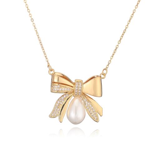 Cubic Zircon Micro Pave Brass Necklace, with Plastic Pearl, Bowknot, 18K gold plated, micro pave cubic zirconia & for woman, Sold By PC