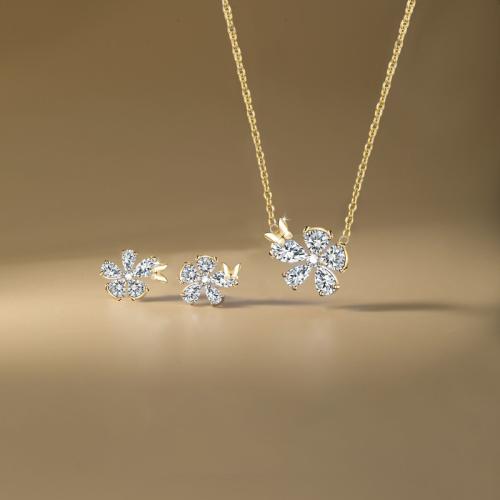 Brass Jewelry Set, Stud Earring & necklace, Flower, plated, 2 pieces & for woman & with rhinestone, more colors for choice, Sold By Set