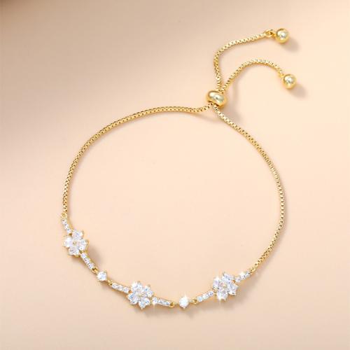 Brass Bracelet, Four Leaf Clover, gold color plated, adjustable & micro pave cubic zirconia & for woman, Length:Approx 6-9 Inch, Sold By PC