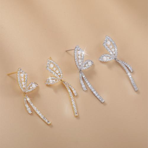 Brass Drop Earring, with Plastic Pearl, plated, micro pave cubic zirconia & for woman, more colors for choice, 12x40.50mm, Sold By PC