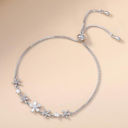 Brass Bracelet, Flower, plated, adjustable & box chain & micro pave cubic zirconia & for woman, silver color, Length:Approx 6-9 Inch, Sold By PC