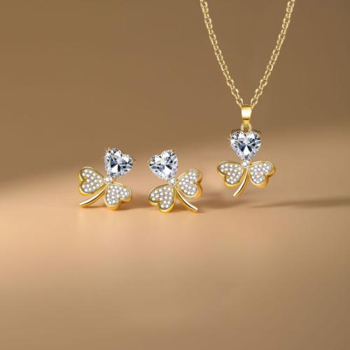 Brass Jewelry Set, Stud Earring & necklace, Three Leaf Clover, plated, 2 pieces & micro pave cubic zirconia & for woman, more colors for choice, Sold By Set