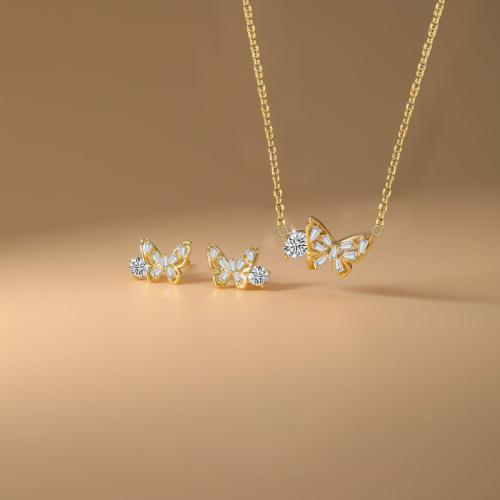 Brass Jewelry Set, Stud Earring & necklace, Butterfly, plated, 2 pieces & for woman & with rhinestone, more colors for choice, Sold By Set
