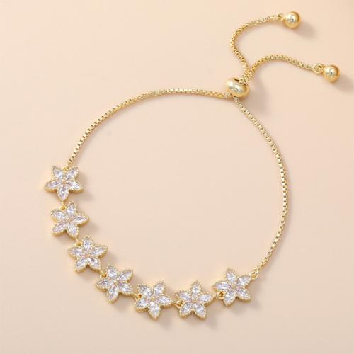 Brass Bracelet, Flower, plated, adjustable & box chain & micro pave cubic zirconia & for woman, more colors for choice, Length:Approx 6-9 Inch, Sold By PC