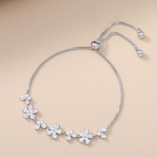Brass Bracelet, Flower, plated, adjustable & box chain & micro pave cubic zirconia & for woman, more colors for choice, Length:Approx 6-9 Inch, Sold By PC