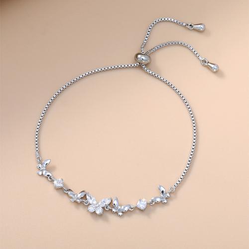 Messing Armband, Schmetterling, plattiert, einstellbar & Kastenkette & Micro pave Zirkonia & für Frau, Silberfarbe, Länge:ca. 6-9 ZollInch, verkauft von PC