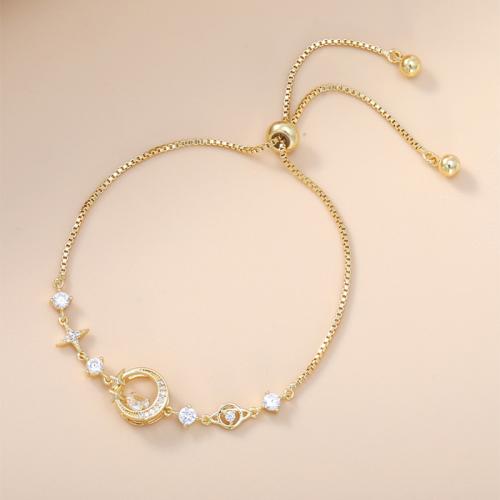 Brass Bracelet, Moon and Star, plated, adjustable & box chain & micro pave cubic zirconia & for woman, more colors for choice, Length:Approx 6-9 Inch, Sold By PC