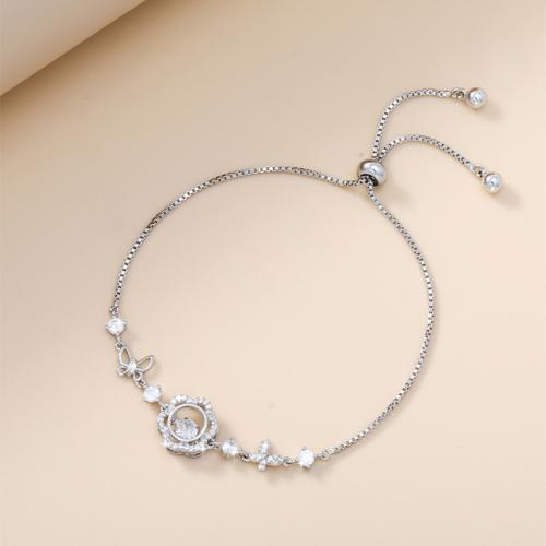 Brass Bracelet, Flower, plated, adjustable & box chain & micro pave cubic zirconia & for woman, silver color, Length:Approx 6-9 Inch, Sold By PC