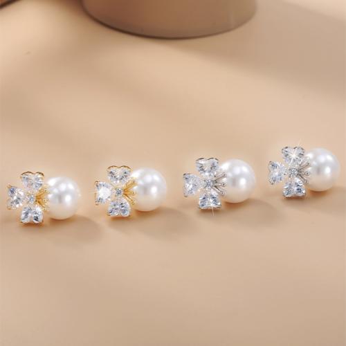 Brass Stud Earring, with Plastic Pearl, Butterfly, plated, micro pave cubic zirconia & for woman, more colors for choice, 16x11mm, Sold By PC