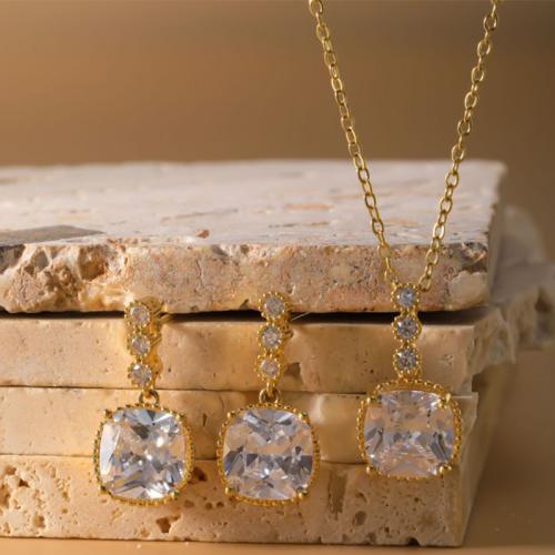 Brass Jewelry Set, earring & necklace, Geometrical Pattern, plated, 2 pieces & micro pave cubic zirconia & for woman, more colors for choice, Sold By Set