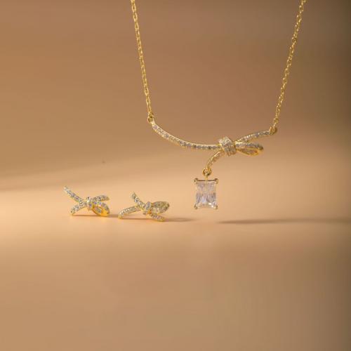Brass Jewelry Set, Stud Earring & necklace, plated, 2 pieces & micro pave cubic zirconia & for woman, gold, Sold By Set