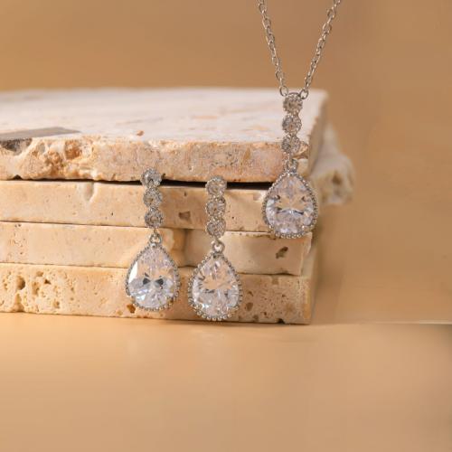 Brass Jewelry Set, earring & necklace, Teardrop, plated, 2 pieces & micro pave cubic zirconia & for woman, silver color, Sold By Set