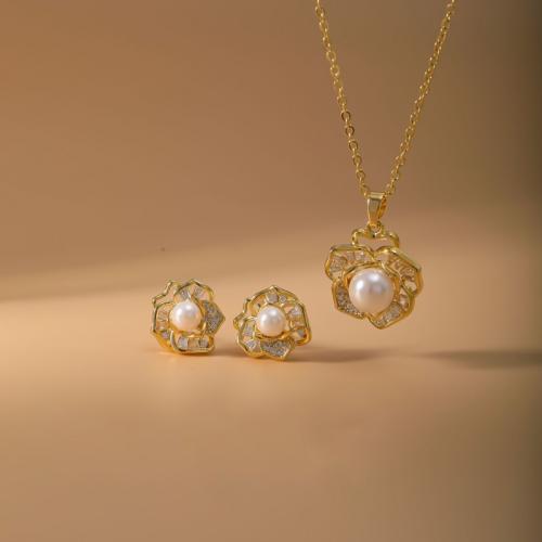 Brass Jewelry Set, Stud Earring & necklace, with Plastic Pearl, Flower, plated, 2 pieces & micro pave cubic zirconia & for woman, gold, Sold By Set