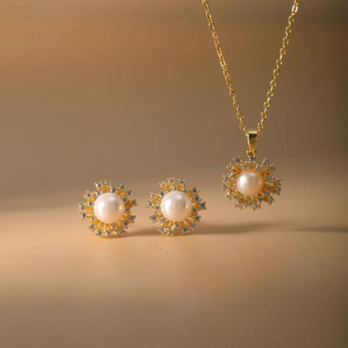 Brass Jewelry Set, Stud Earring & necklace, with Plastic Pearl, Flower, plated, 2 pieces & micro pave cubic zirconia & for woman, more colors for choice, Sold By Set