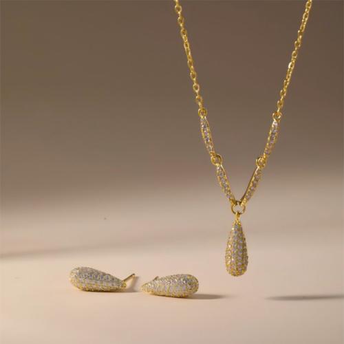Brass Jewelry Set, Stud Earring & necklace, Teardrop, plated, 2 pieces & micro pave cubic zirconia & for woman, more colors for choice, Sold By Set