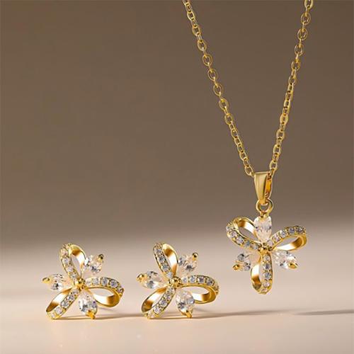 Brass Jewelry Set, Stud Earring & necklace, plated, 2 pieces & micro pave cubic zirconia & for woman, more colors for choice, Sold By Set