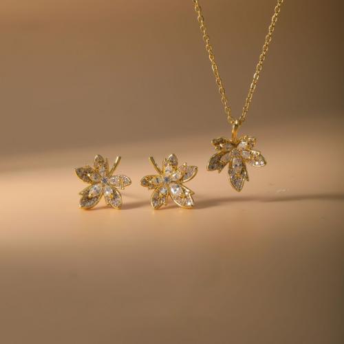 Brass Jewelry Set, Stud Earring & necklace, Maple Leaf, plated, 2 pieces & micro pave cubic zirconia & for woman, more colors for choice, Sold By Set