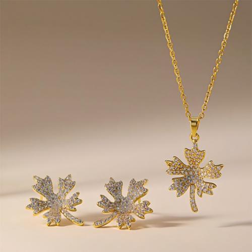 Brass Jewelry Set, Stud Earring & necklace, Maple Leaf, plated, 2 pieces & for woman & with rhinestone, more colors for choice, Sold By Set