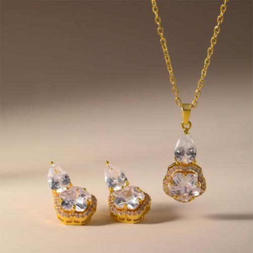 Brass Jewelry Set, earring & necklace, plated, 2 pieces & for woman & with rhinestone, more colors for choice, Sold By Set