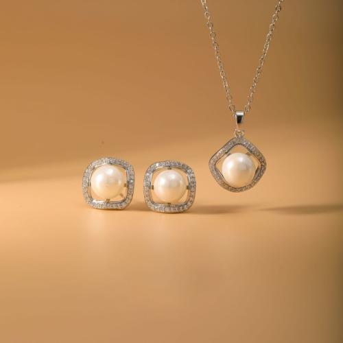 Brass Jewelry Set, Stud Earring & necklace, with Plastic Pearl, Geometrical Pattern, plated, 2 pieces & micro pave cubic zirconia & for woman, silver color, Sold By Set