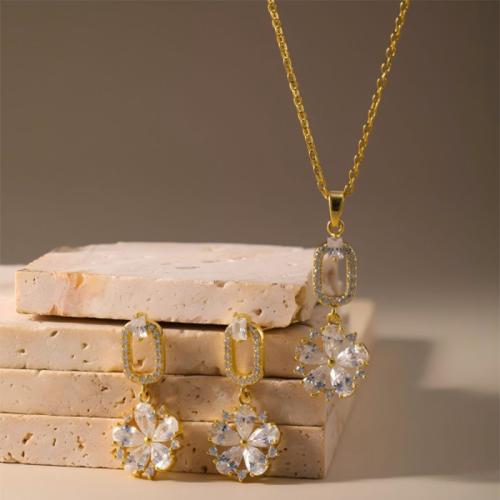 Brass Jewelry Set, earring & necklace, Flower, plated, 2 pieces & micro pave cubic zirconia & for woman, more colors for choice, Sold By Set
