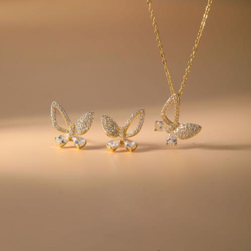 Brass Jewelry Set, Stud Earring & necklace, Butterfly, plated, 2 pieces & micro pave cubic zirconia & for woman & hollow, more colors for choice, Sold By Set