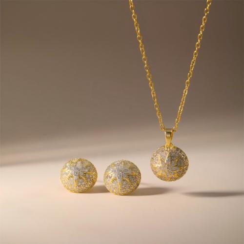 Brass Jewelry Set, Stud Earring & necklace, Round, plated, 2 pieces & micro pave cubic zirconia & for woman, more colors for choice, Sold By Set