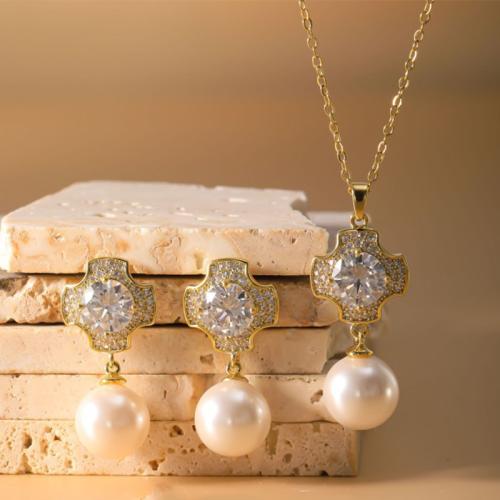 Brass Jewelry Set, earring & necklace, with Plastic Pearl, plated, 2 pieces & micro pave cubic zirconia & for woman, more colors for choice, Sold By Set
