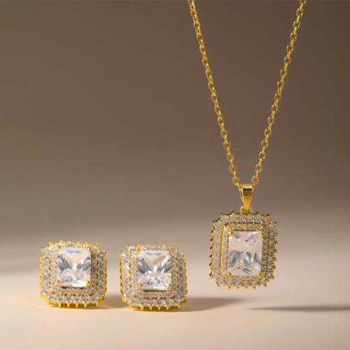 Brass Jewelry Set, Stud Earring & necklace, Square, plated, 2 pieces & micro pave cubic zirconia & for woman, more colors for choice, Sold By Set