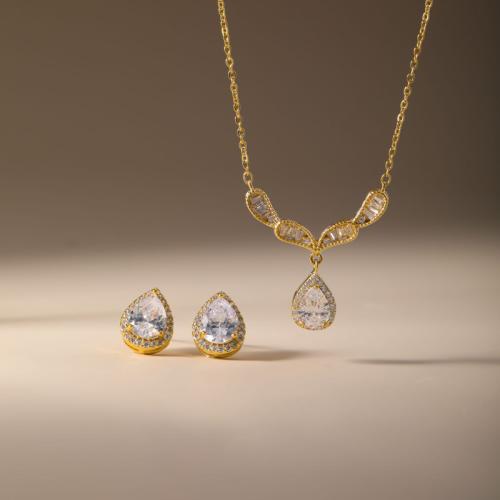 Brass Jewelry Set, Stud Earring & necklace, Teardrop, plated, 2 pieces & micro pave cubic zirconia & for woman, more colors for choice, Sold By Set