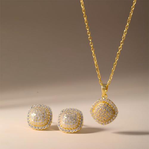 Brass Jewelry Set, Stud Earring & necklace, Geometrical Pattern, plated, 2 pieces & micro pave cubic zirconia & for woman, more colors for choice, Sold By Set