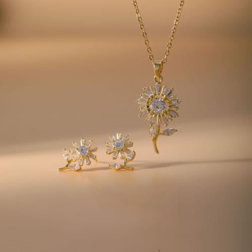 Brass Jewelry Set, Stud Earring & necklace, Flower, plated, 2 pieces & micro pave cubic zirconia & for woman, more colors for choice, Sold By Set